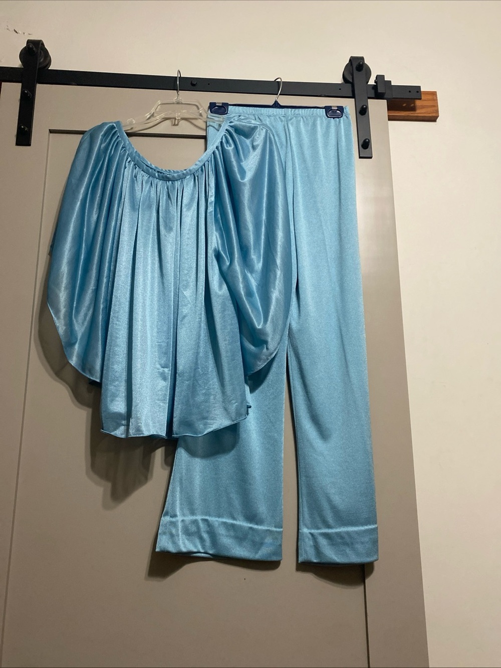 Vintage 70’s Hostess Outfit Blue Batwing Sleeve Shirt And Matching Wide leg Pant